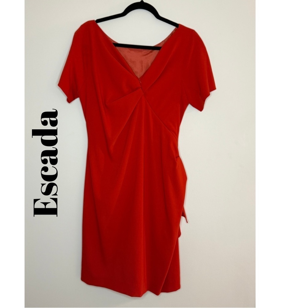 Escada Red Dress Short Sleeve V Neck Ruched Cocktail Party Evening Mini Bodycon
